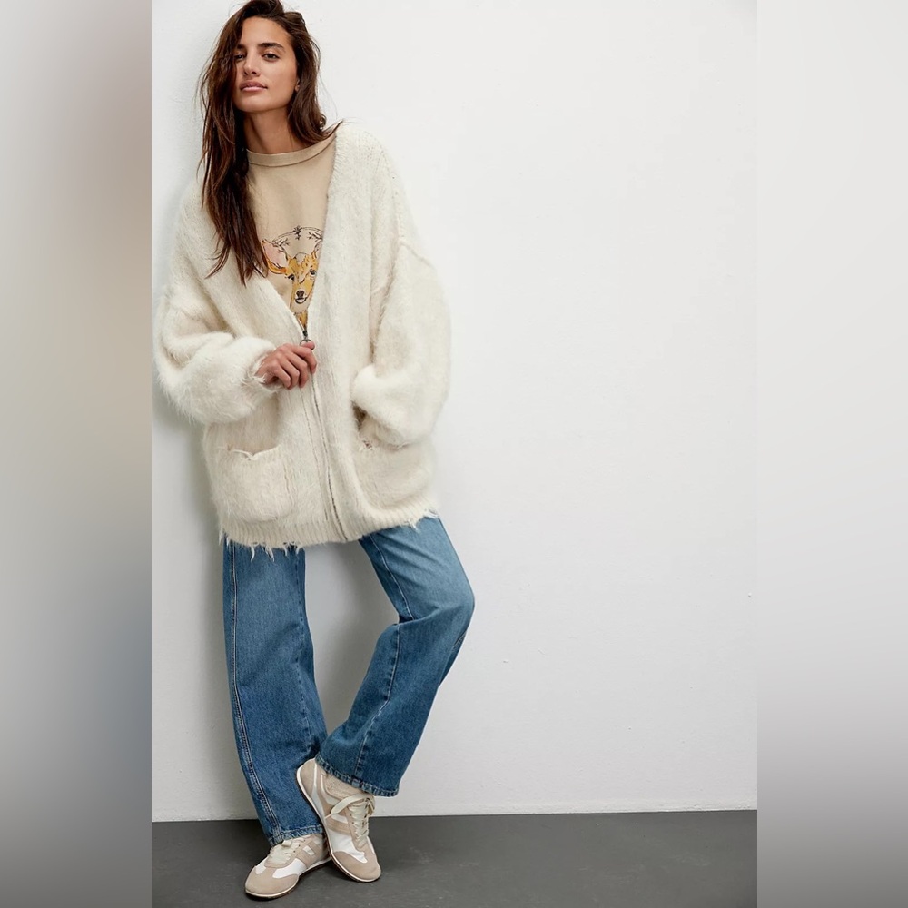 Free People Cream Oversized Fuzzy Zip Teddy Jacket - Picture 3 of 16